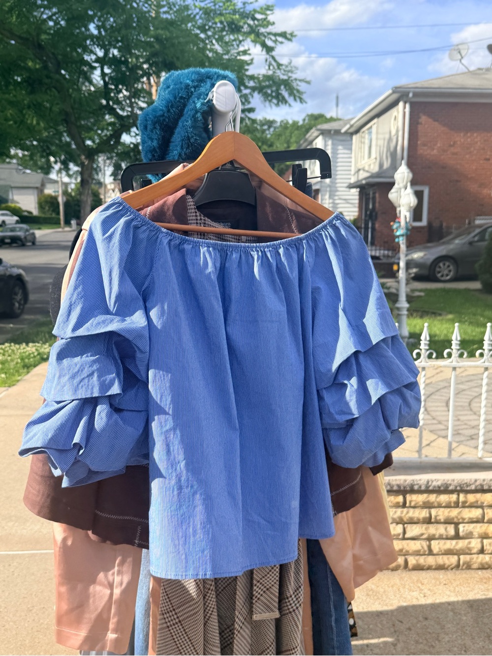 Zara Blue Off-Shoulder Ruffle-Sleeve Blouse